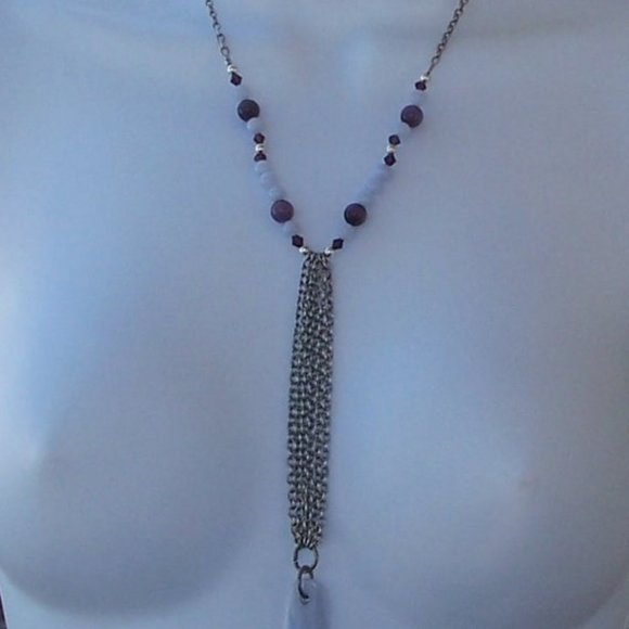 Handmade Statement Necklace With Lilac Agate Silver Tone Chains Purple Beads - Picture 9 of 16